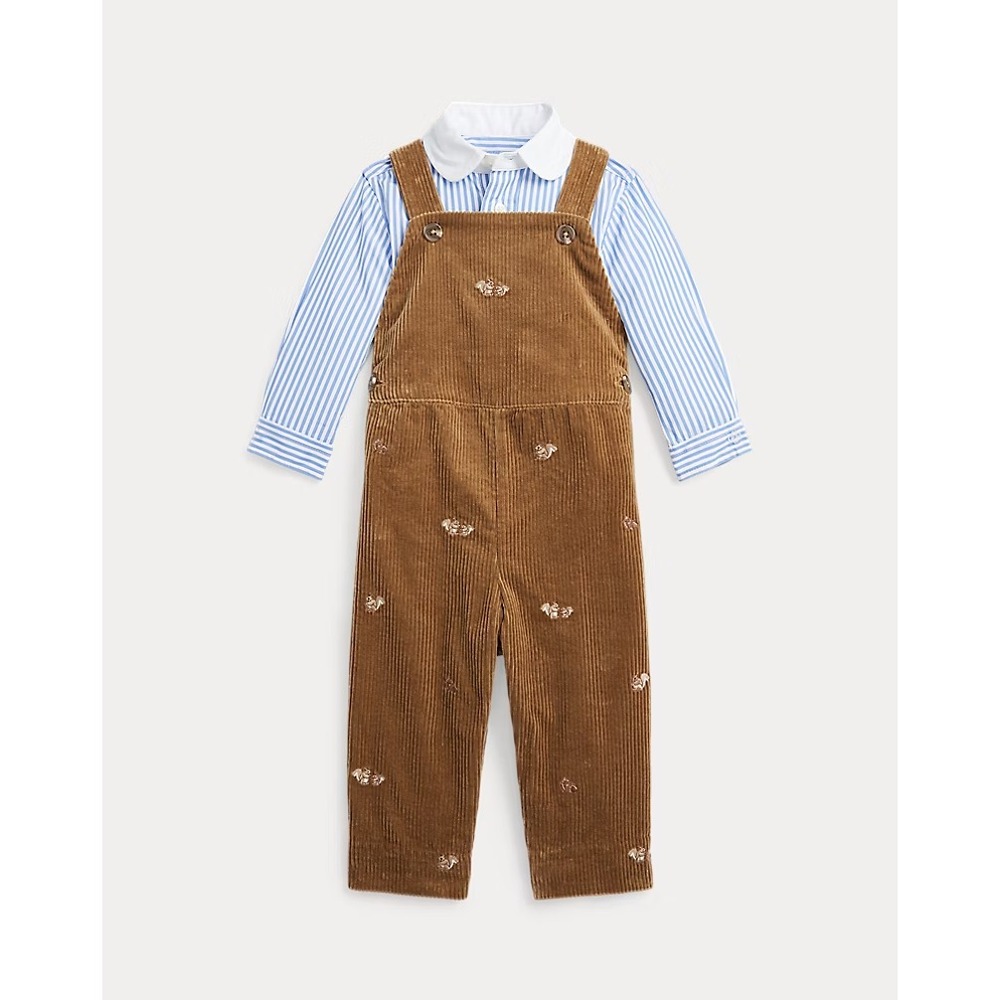 Ralph Lauren Boys Striped Shirt Corduroy Embroidered Overalls Size 24 Month $250